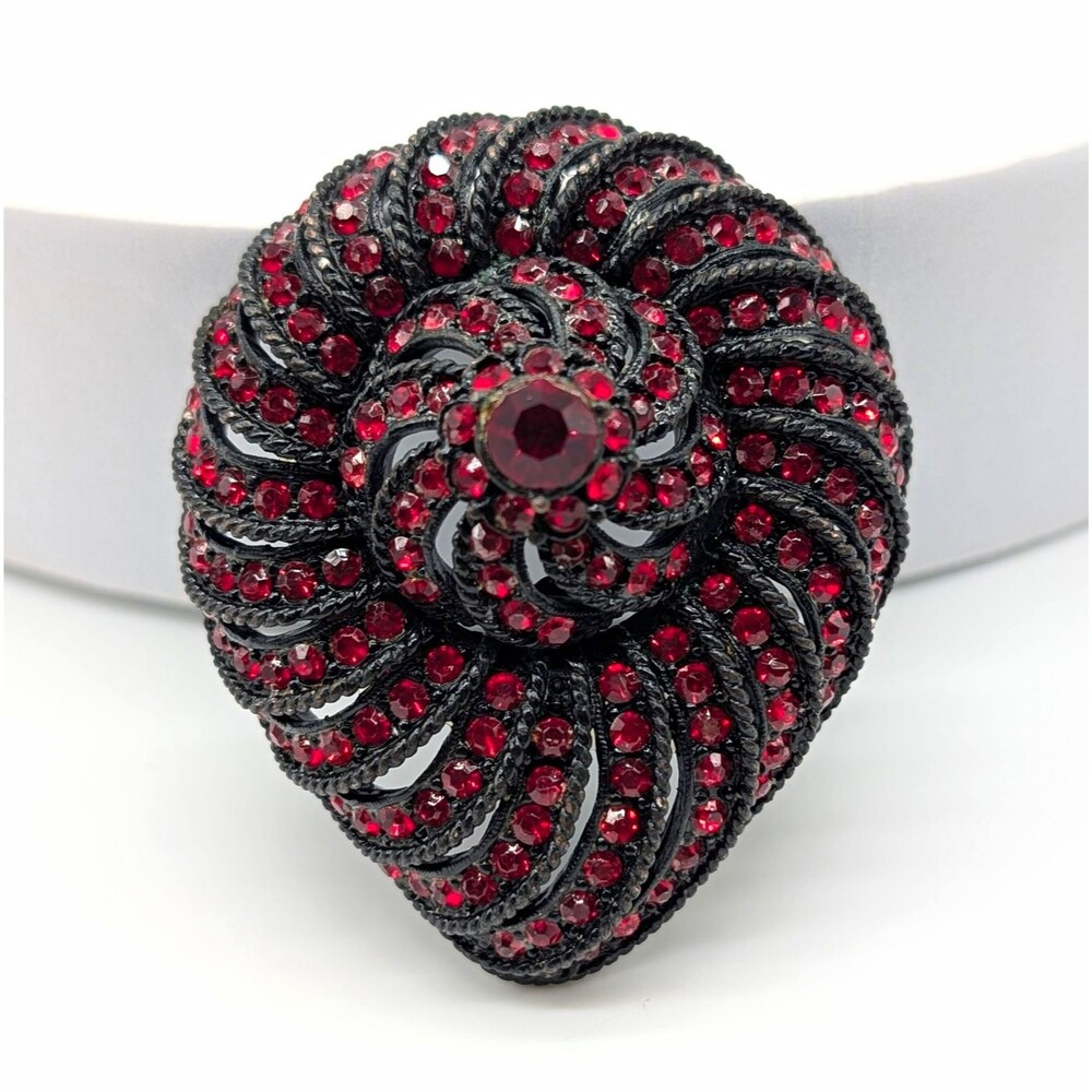 Vintage Ruby Red Shell Swirl Japanned Black Brooch Pin 2.25 in Statement